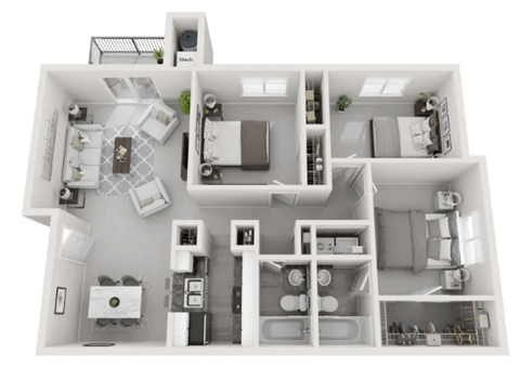Floor plan for 3 beds, 2 baths, 1151 sqft